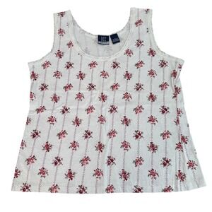 VTG DCC Knits Vintage Floral Pointelle Lace Trim Tank Top White Red Size Large
